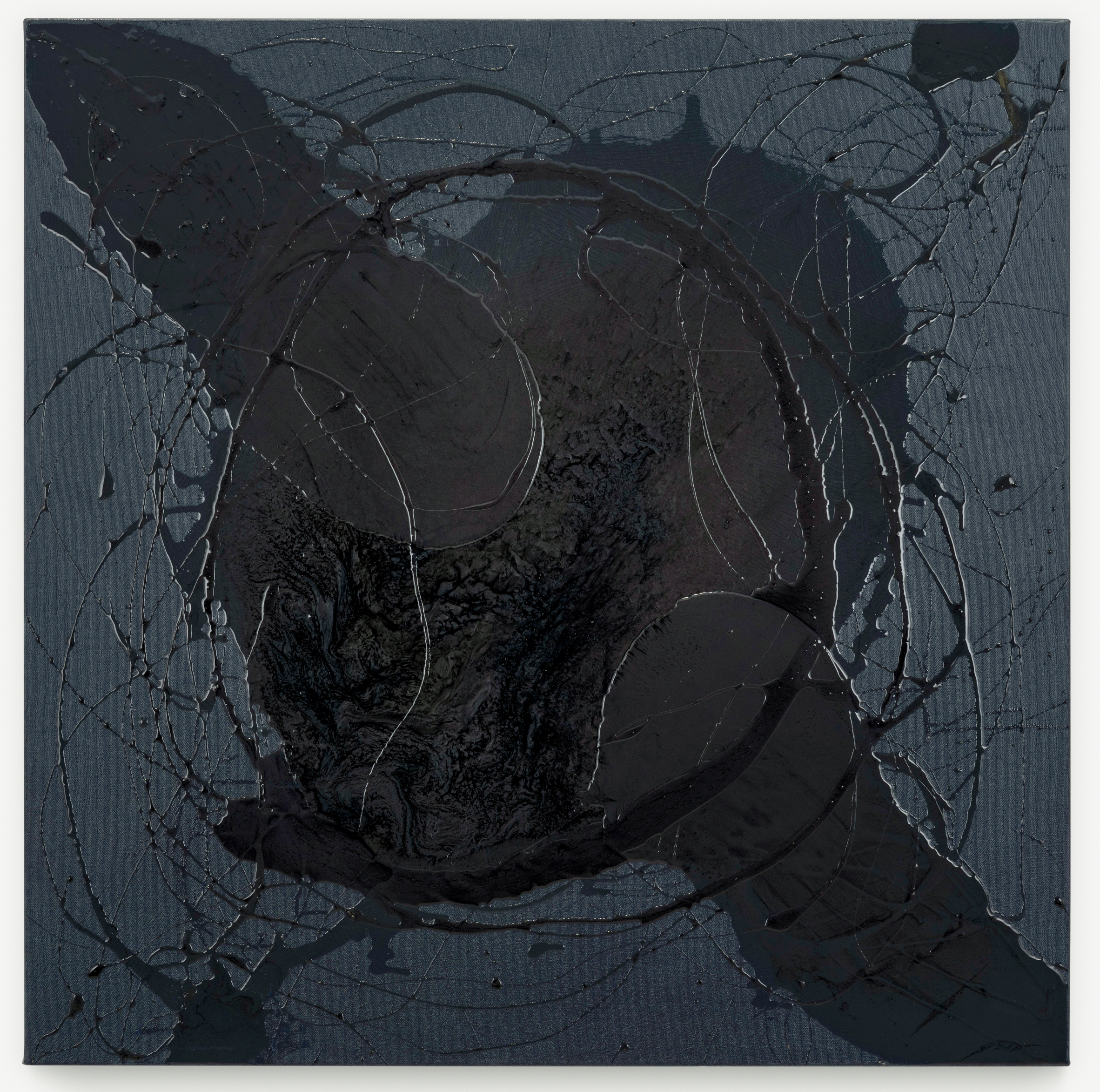 Abstract dark painting with layered textures and circular elements.