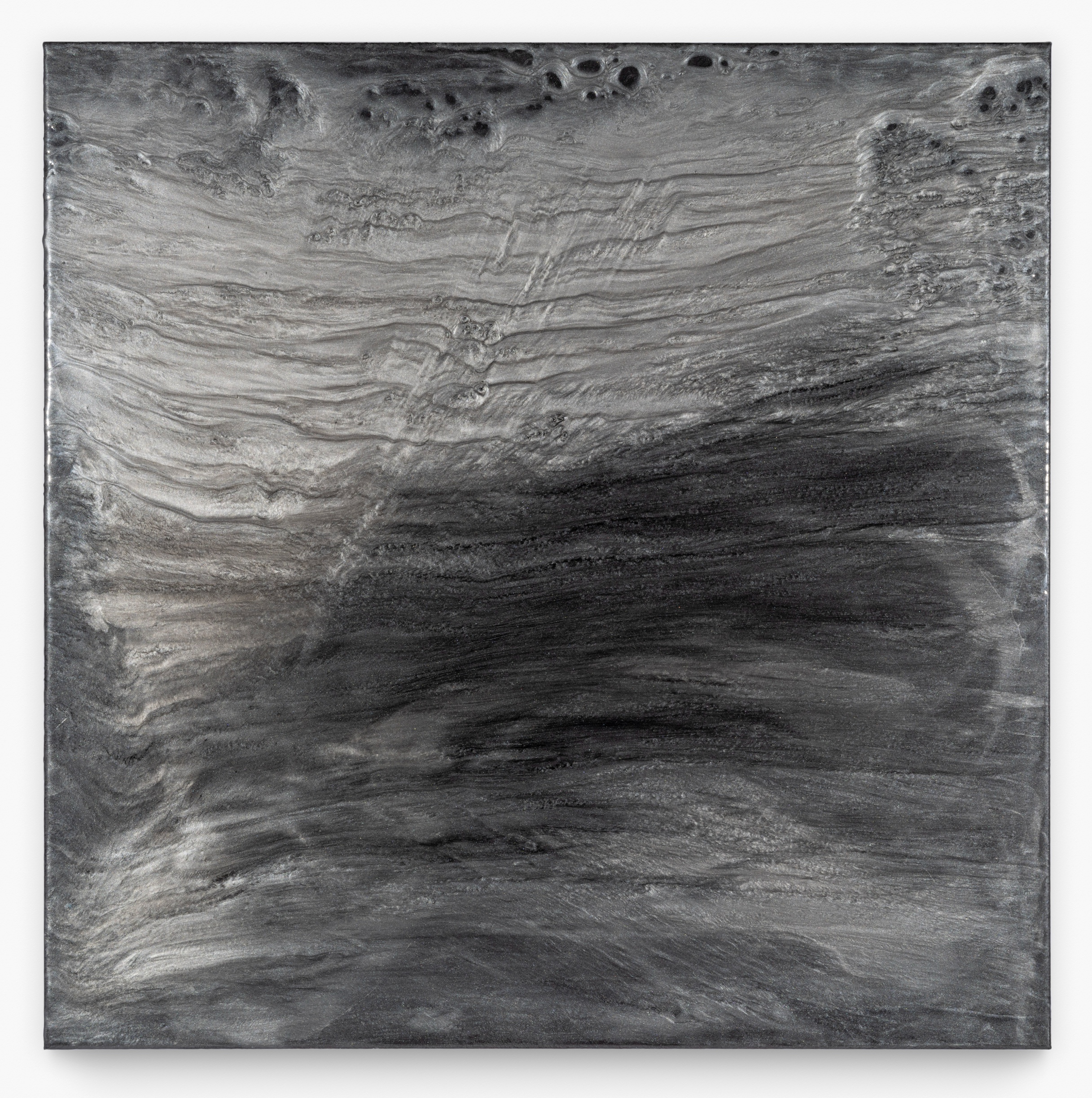 Abstract black and gray textured painting with swirling patterns.