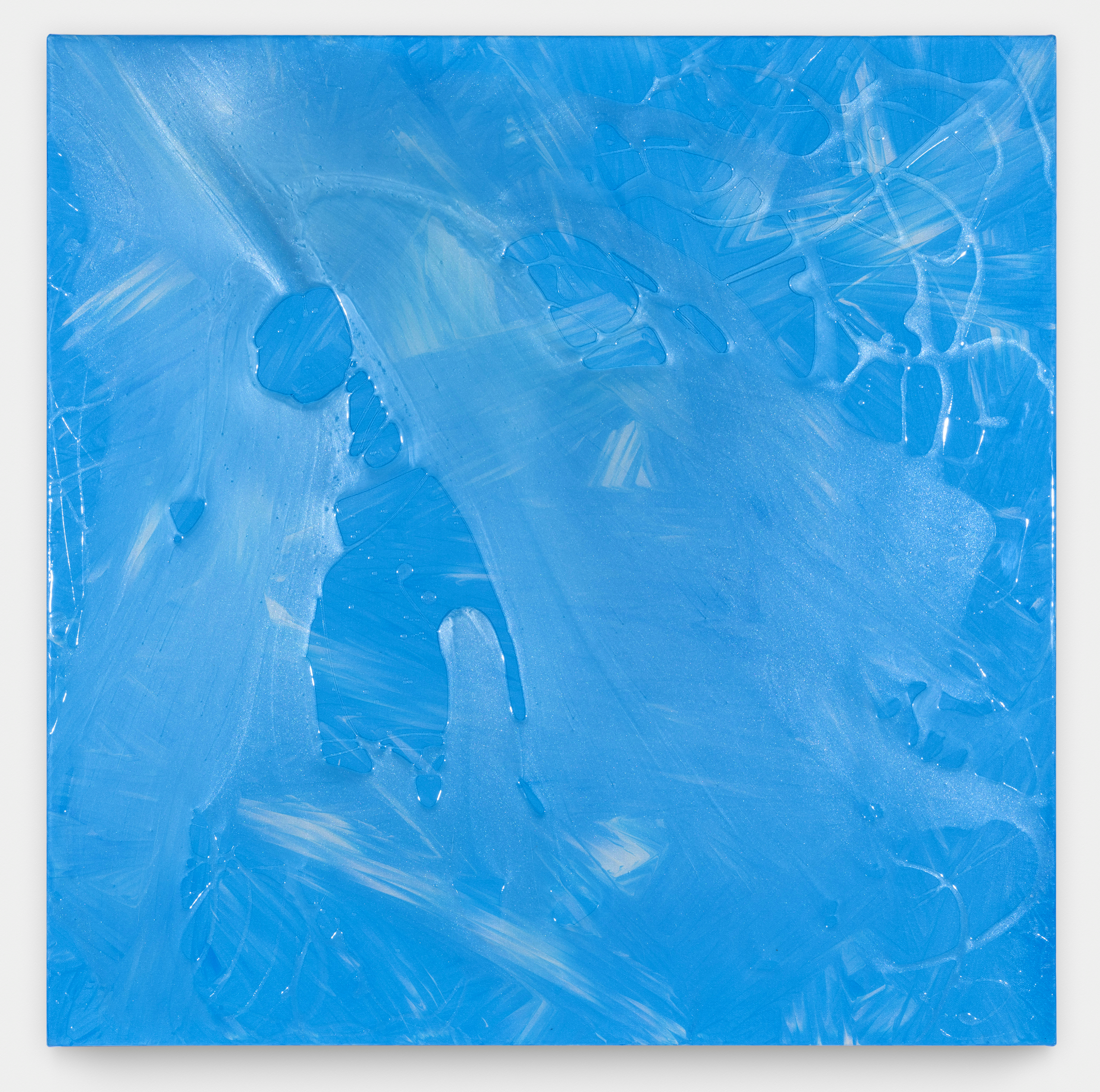 Abstract blue painting with flowing textures and subtle depth.